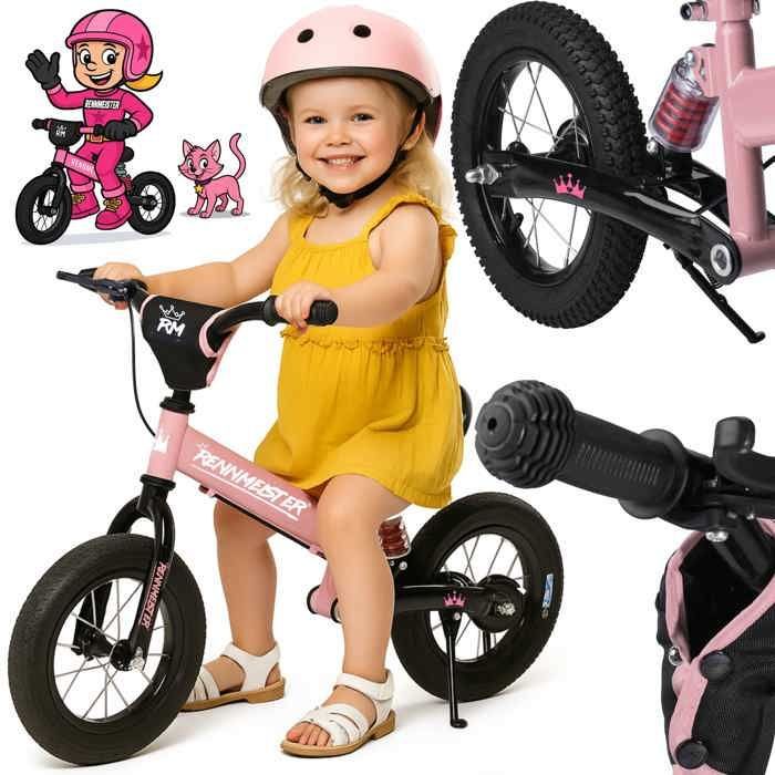 Rennmeister Pink Children's Balance Bike, No Pedals, Suspension, Max 50kg, Drum Brakes, Shock-Absorbing Padding, Cycling Saddle