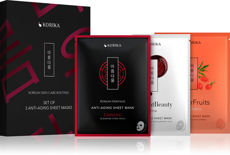 Sada 3 plátenných masiek proti starnutiu pleti KORIKA KOREAN SKIN ROUTINE, sada proti vráskam