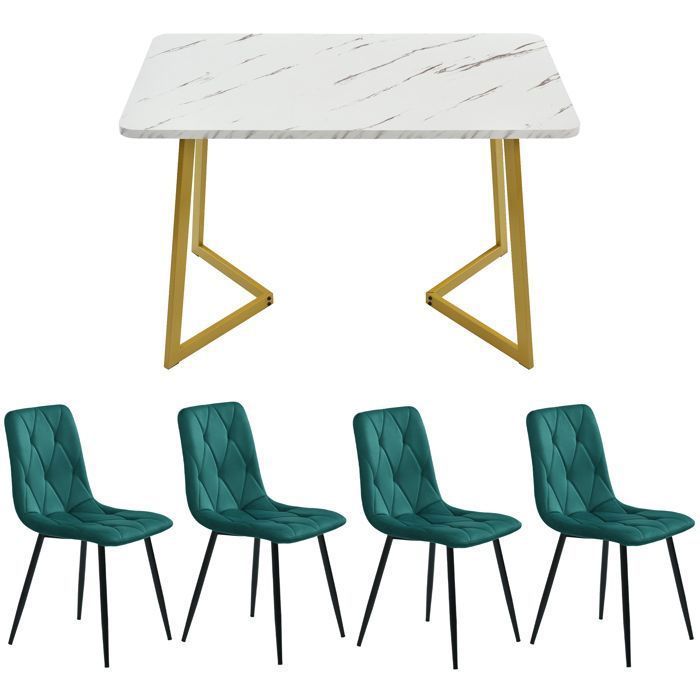 Conjunto de mesa de jantar de 117×68cm com 4 cadeiras - Conjunto moderno de mesa e cadeiras para cozinha/sala de estar - Cadeiras em veludo verde escuro