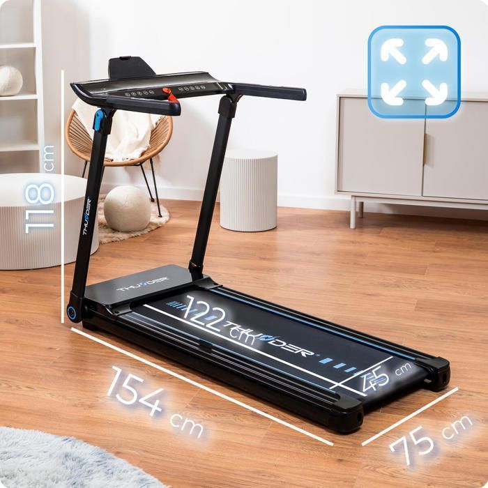 Esteira dobrável THUNDER® ULTRA-BLACK | Velocidade ajustável de 1 a 17 km/h | Aplicativo Bluetooth | Peso máximo suportado: 130 kg | Visor LED | Cor: Preta