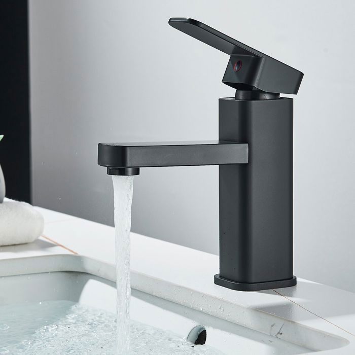 Rubinetto miscelatore per lavabo da bagno con maniglia quadrata, miscelatore per acqua calda e fredda con leva singola, nero