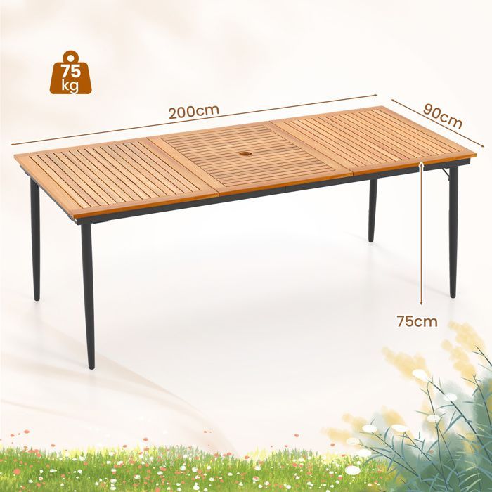 GIANTEX Table à Manger de Jardin Rectangulaire en Acacia, pour 8 Personnes, Pieds en Métal, Trou pour Parasol, 200 x 90 x 75 cm