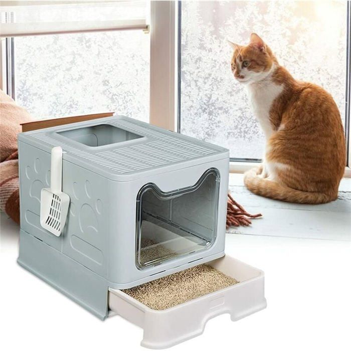 XXL Kattenbak, Kattentoilet in Huisstijl, Geurvrij, Gesloten Kattenbak, Groot Formaat, Ladefilter, Schepje, 51x41x38cm, Blauw Label