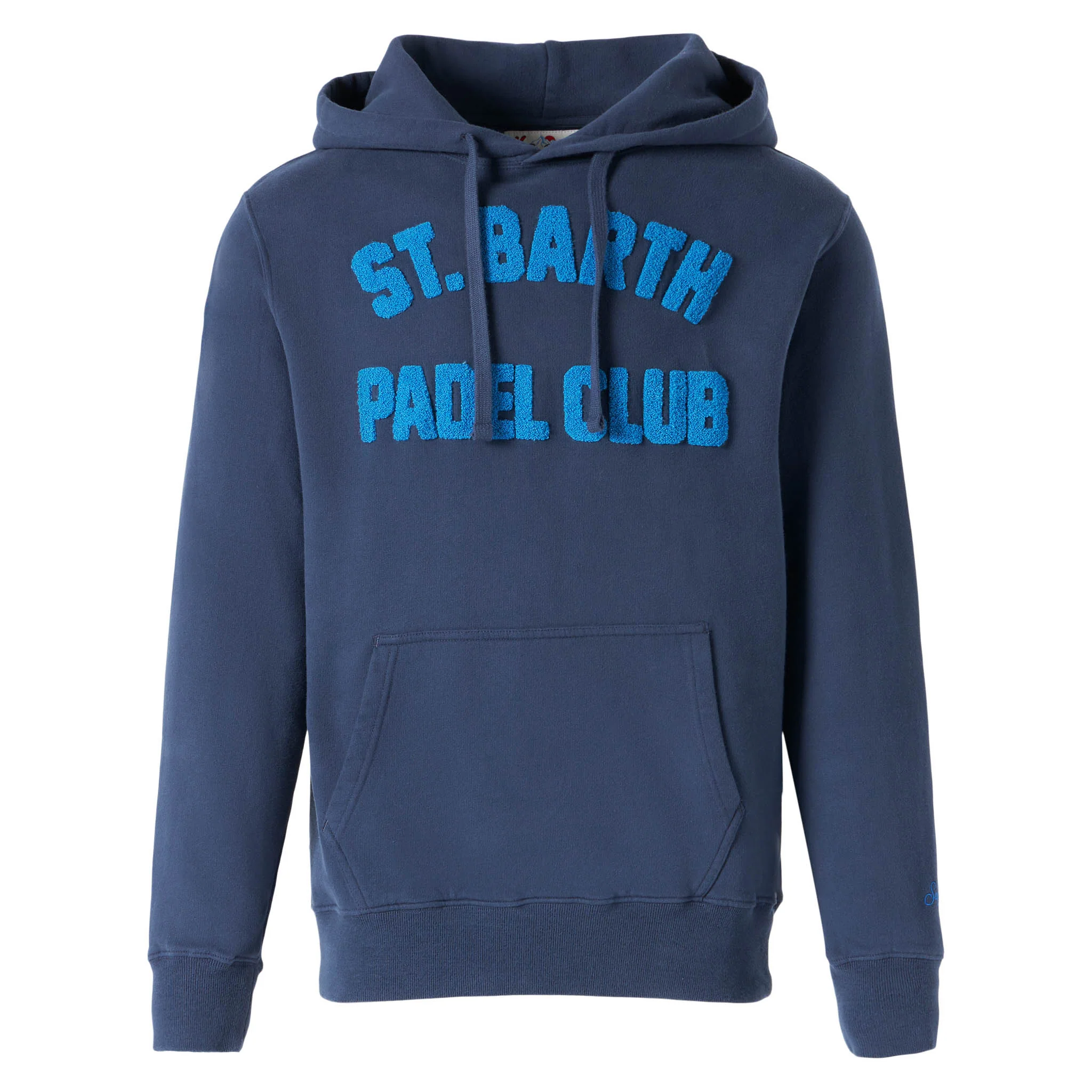 Marineblauwe herentrui met capuchon en print.