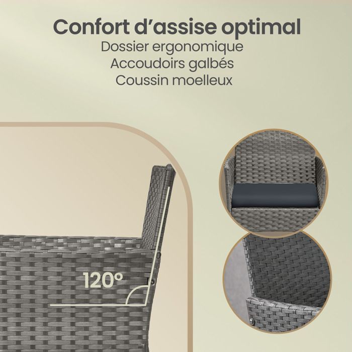Ensemble Table et Chaise de Jardin 4 Places, Fauteuils et Banquette en Résine Tressée, Table, pour Patio, Gris