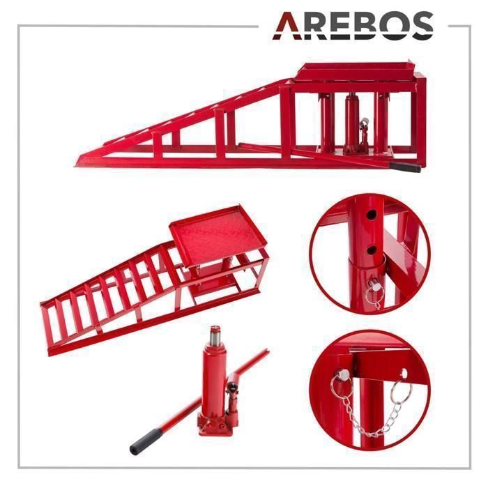 Rampa de acceso AREBOS con gato hidráulico, ajustable de 290 a 375 mm, capacidad de carga de 2 toneladas, para coches, furgonetas y remolques – Juego de 2