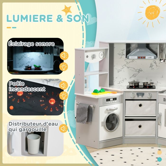 Cuisine pour enfant - AIYAPLAY - en bois jeu d'imitation effet sonore 17 accessoires - bois - gris blanc