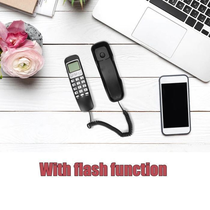 Téléphone fixe filaire avec écran LCD, compact, recomposable, finition noire, pour téléphonie domestique et bureau