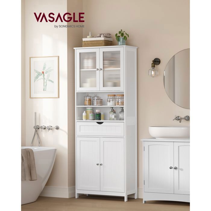 VASAGLE Colonne de salle de bain, Armoire de Salle de Bain, avec Étagères Réglables, Tiroir, Compartiments Ouverts, Blanc Nuage