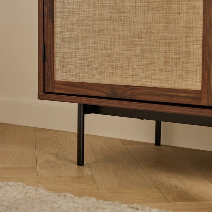 CALICOSY - Buffet 3 portes décor noyer avec façades en tissu  L140 cm - JETSON - Bois foncé