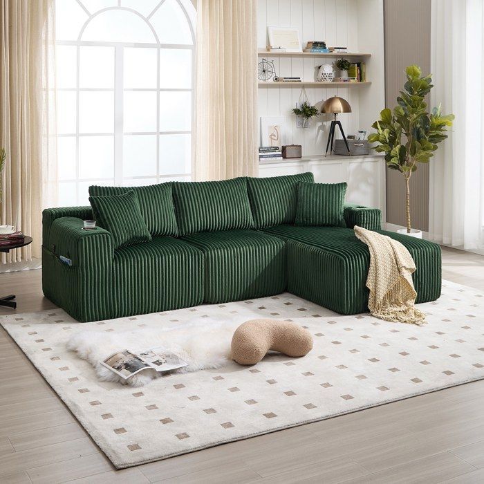 Sofá esquinero modular reversible de 3 plazas, sofá seccional para sala de estar con almacenamiento y portavasos, color esmeralda (no requiere montaje).