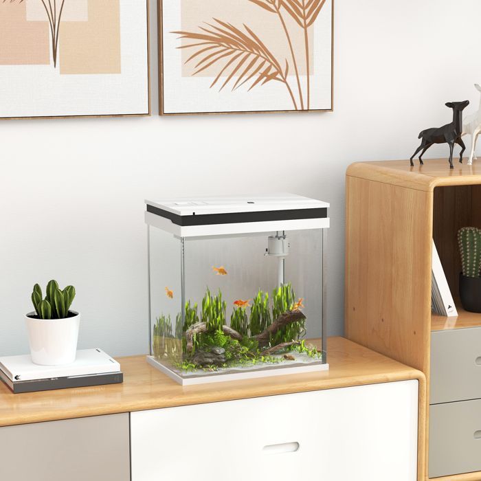 Komplettes kleines Aquarium – PawHut – 14 l – mit Filtersystem, LED-Beleuchtung, Wasserpumpe und Deckel – weiß