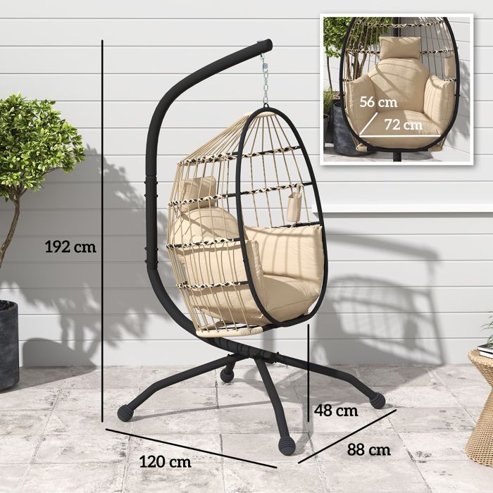 Silla colgante tipo huevo - Outsunny - interior y exterior - cesta plegable - cojín acolchado - estructura de acero - beige