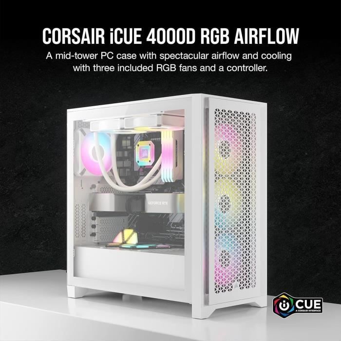 Boitier PC - CORSAIR - CC-9011241-WW - iCUE 4000D RGB AIRFLOW - Moyen-tour - 3 fans AF120 RGB ELITE - iCUE Lighting Node PRO - Blanc