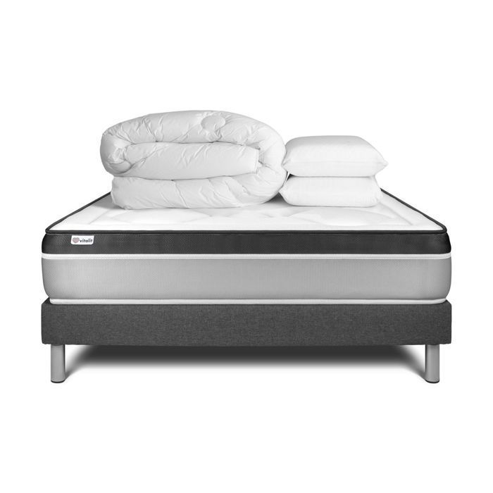 Pack lit complet 180x200 cm - Matelas + Sommier Gris (en kit) + 2 oreillers + Couette - Vital Ergo Gris
