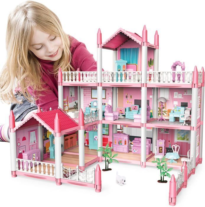 Maison de Poupée - 3 étages - 9 Chambres - Accessoires et Meubles - Rose