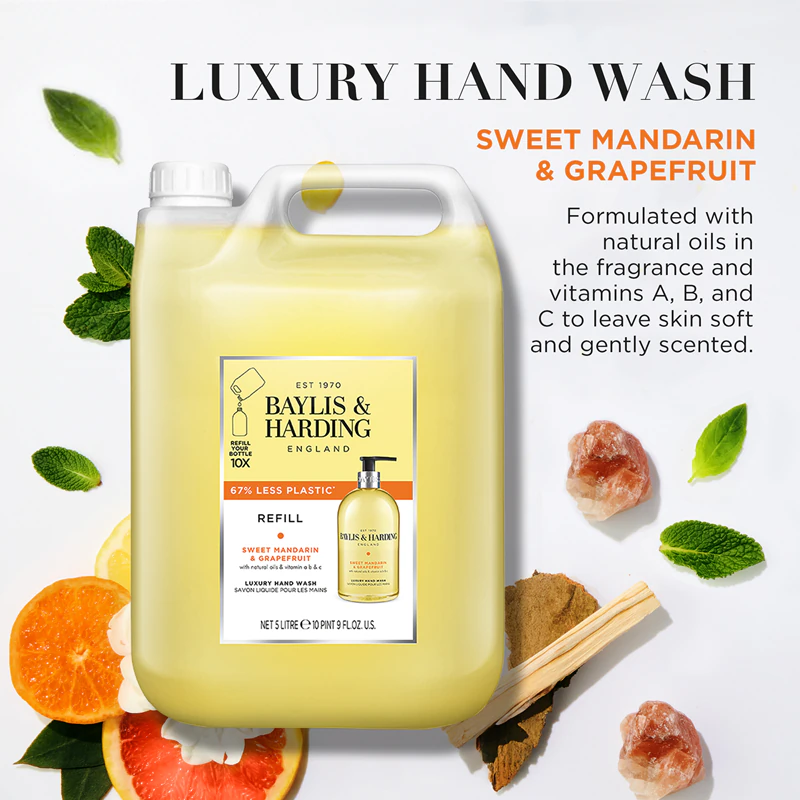 Navulling voor vloeibare handzeep met zoete mandarijn en grapefruit van Baylis & Harding.