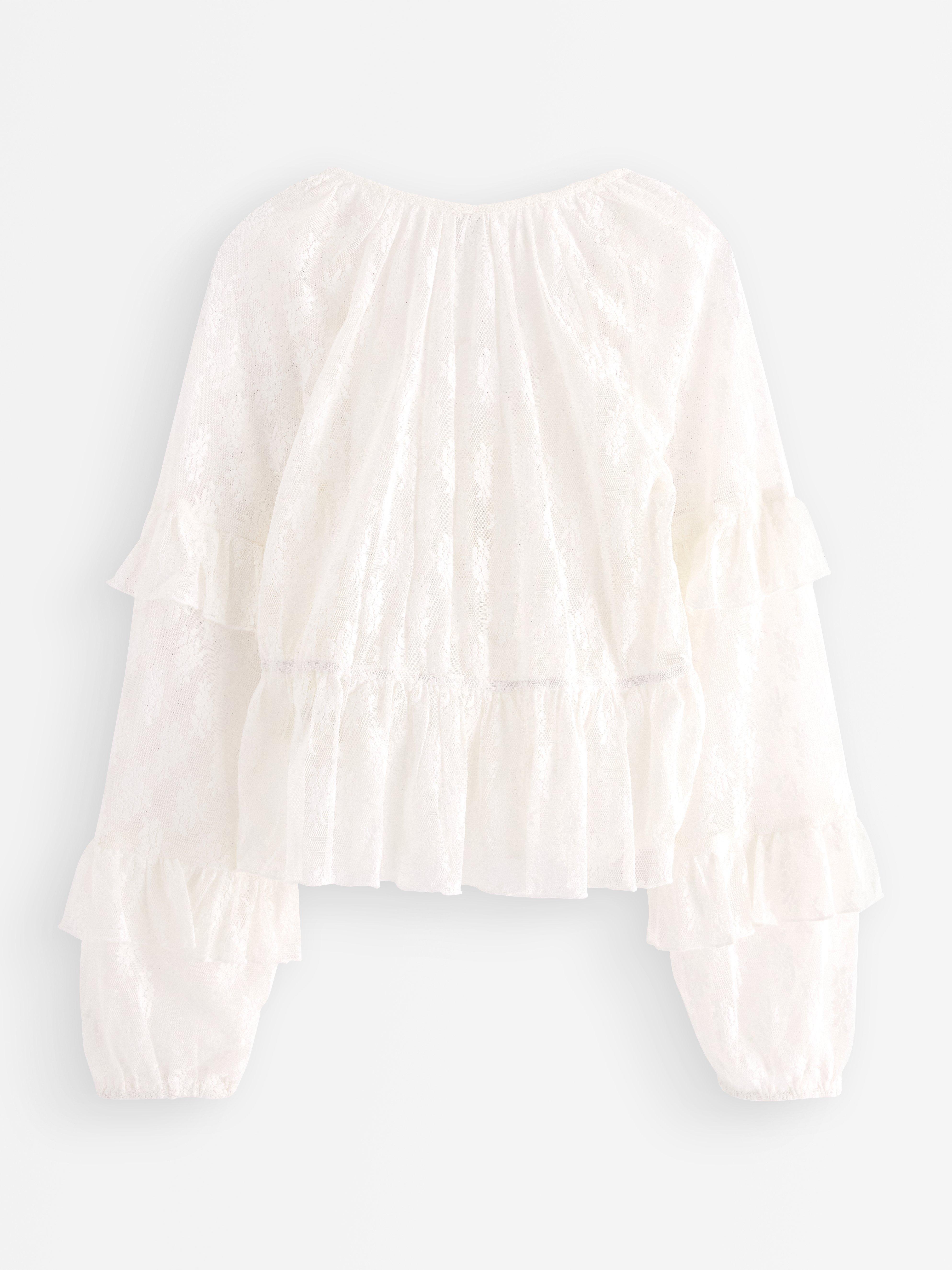 Blusa de renda com babados, cor off-white.