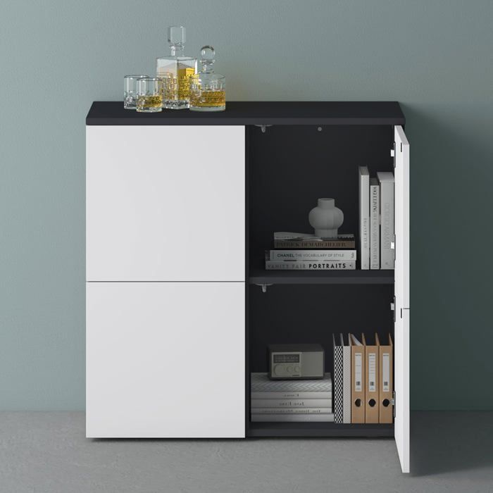 Mai & Mai Meuble de Rangement avec 4 Portes et 4 Compartiments Gris Noir Mat + Blanc Mat 76x36,4x74 cm SR04