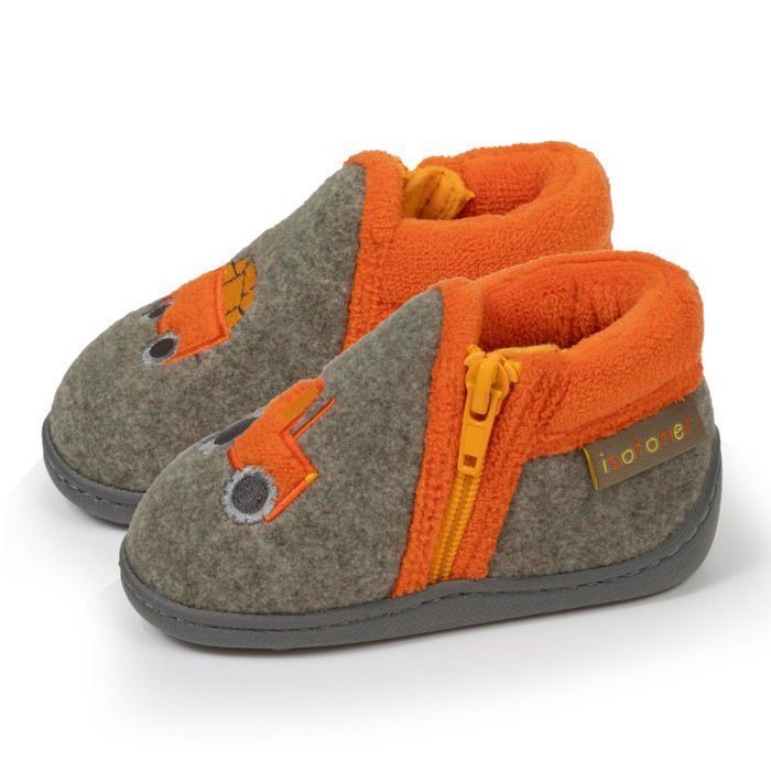 Isotoner Chaussons à zip, faciles à enfiler, bon maintien du pied, semelle antidérapante kaki chiné bébé garçon