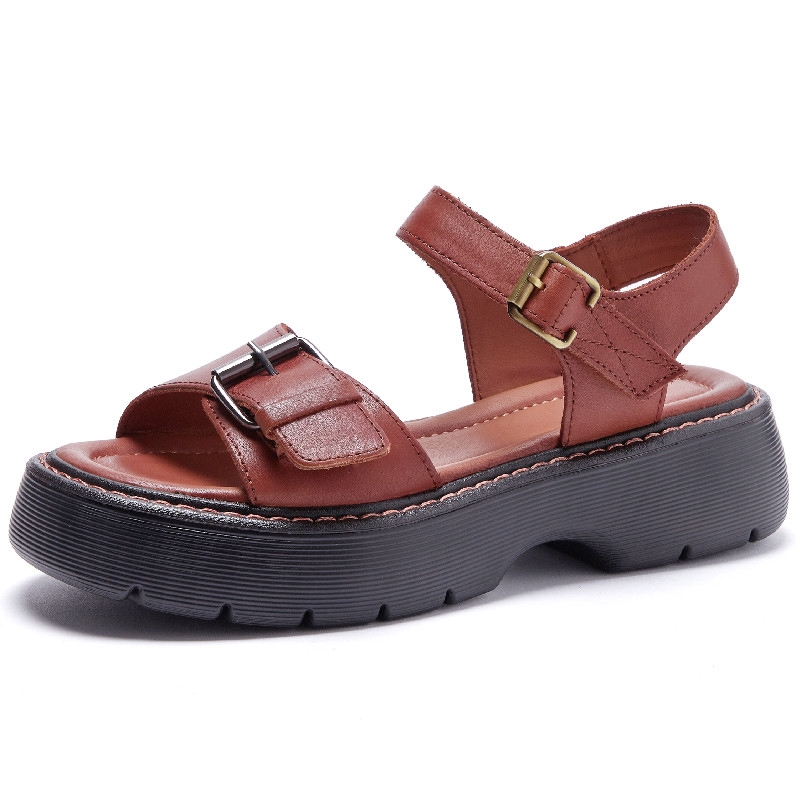 Sandales pour femmes en cuir véritable, collection été 2021, semelles épaisses, style romain, sandales plates décontractées.