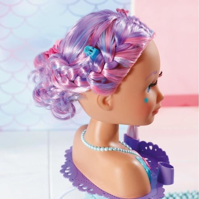 BABY BORN - Tête à coiffer Sirène - 1 Brosse à Cheveux Étoile de Mer, 1 Diadème et Barrettes - Tient sous l'eau - 37cm