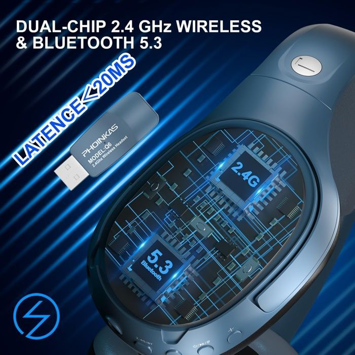 Casque sans fil Bluetooth 5.3 à double puce, microphone antibruit, lumière LED, pour PC/PS4/PS5/TV/Switch, bleu