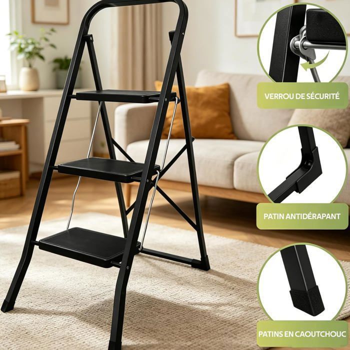 3-Step Ladder, Non-Slip, Folding Step Stool, 3-Level, Max 150kg, Sturdy Steel, Indoor Use