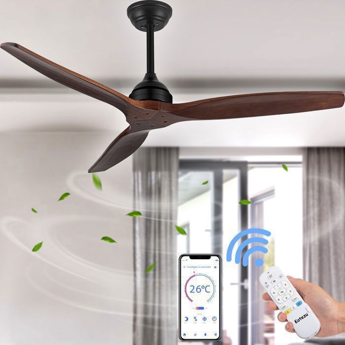 Ventilateur de Plafond Silencieux Réversible avec Télécommande KOTEZU, 132 cm Moteur CC avec 3 Pales en Bois Paulownia Naturel, 35W