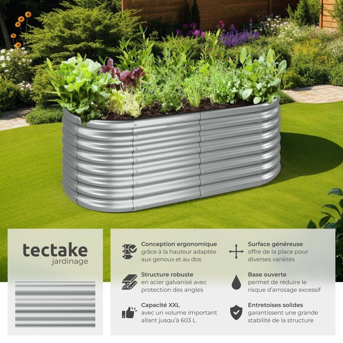 Canteiro elevado TECTAKE FLORMMA para jardim, 160 x 80 x 60 cm, em aço galvanizado, capacidade de 603 L, resistente às intempéries.
