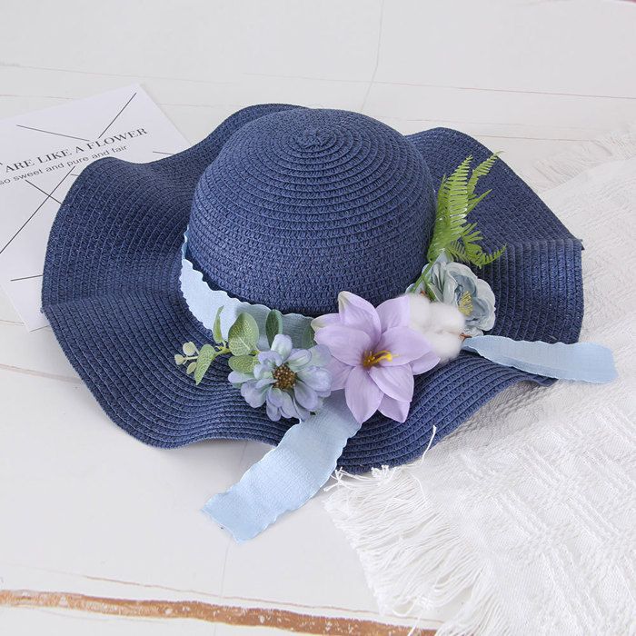 Sombrero para niña - FUNMOON - Conjunto de dos piezas - Estampado floral - Paja - Blanco