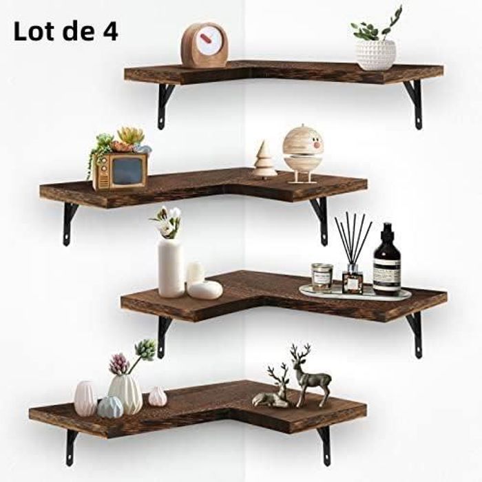 Estantes flotantes de esquina, estante de pared de madera con soportes metálicos para la decoración de la sala de estar, el dormitorio, la cocina y la oficina.