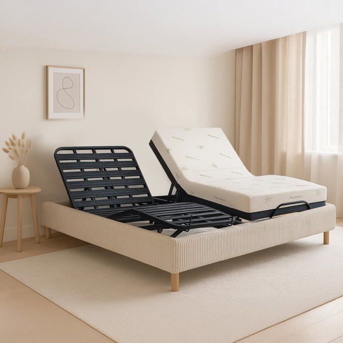 Pacchetto letto elettrico beige 160x200 - Base relax a doghe + bordo in velluto a coste + materasso
