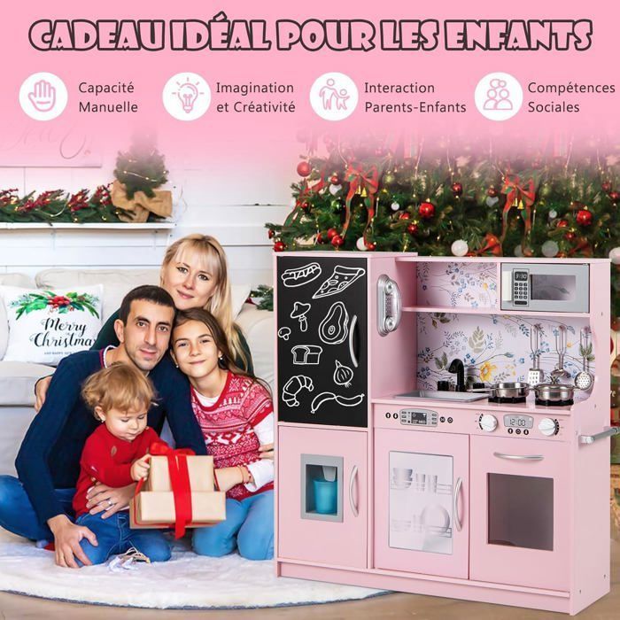 Cocina de madera infantil COSTWAY para niños de 3 a 6 años con teléfono, pizarra, microondas, máquina de hielo y 7 accesorios - Rosa claro