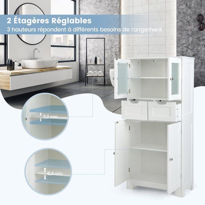 GIANTEX Bathroom Cabinet - Storage Column with 2 Drawers and Adjustable Shelves - Wooden Chest of Drawers - 60 x 30 x 128 cm - White