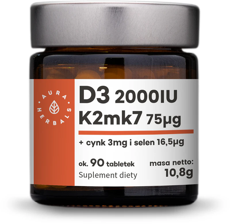 Comprimidos de suplemento alimentar Aura Herbals com Vitamina D3 2.000 UI + K2 + Zinco + Selênio para fortalecer o sistema imunológico.