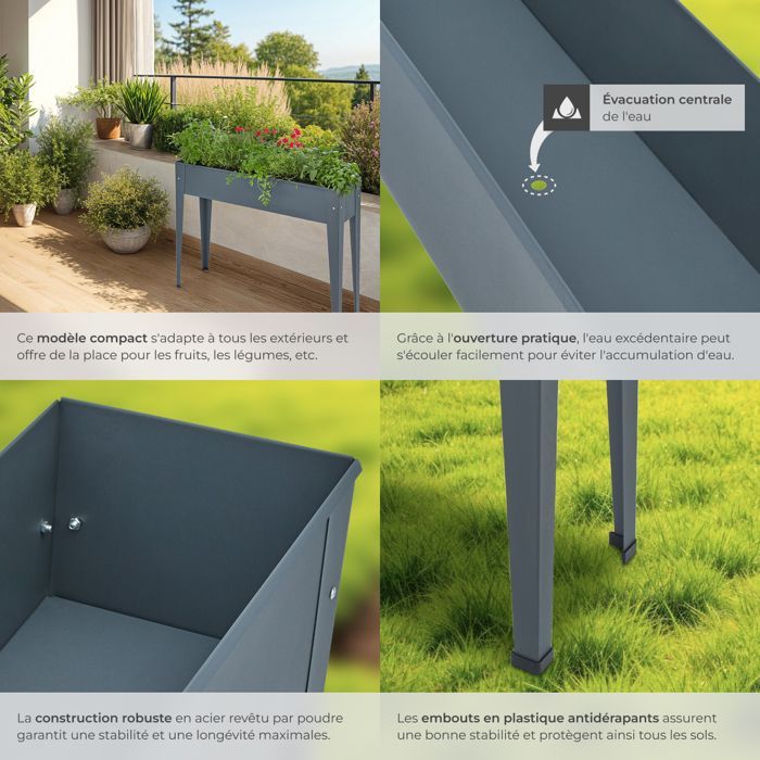 Raised garden bed - TECTAKE - CALENDULA raised garden bed on legs in steel, 98.5 x 26 x 82.5 cm - Anthracite grey