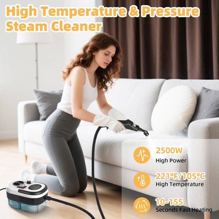 Nettoyeur vapeur pour la maison et la voiture, nettoyeur vapeur à 3 niveaux de puissance réglable, 2500 W, grand réservoir de 1,2 L