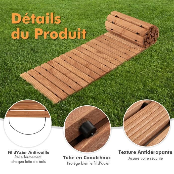 COSTWAY Verrijdbaar houten tuinpad 245 cm, weerbestendig, 43x4,5 cm, met stalen draad en antislipstructuur voor de tuin