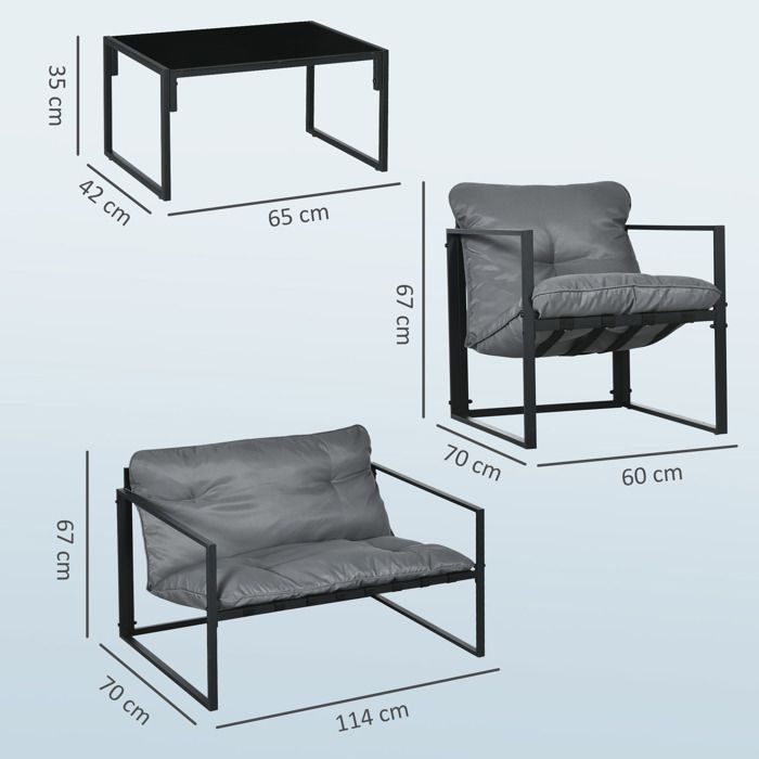 Garden furniture set - Outsunny - 4 pieces - with 2-seater sofa, 2 armchairs and 1 coffee table with 3 cushions - black steel polyester - grey