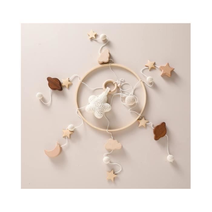Móvil de madera para bebés con estrellas, luna y nubes para ejercitar la visión y la coordinación mano-ojo.