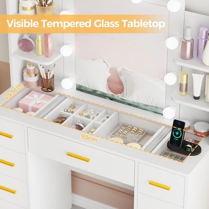BEWISHOME Coiffeuse Blanc avec Miroir LED, Plateau en Verre, 9 Tiroirs de Rangement, 2 Ports USB et 2 Prises, 105 x 40 x 140 cm
