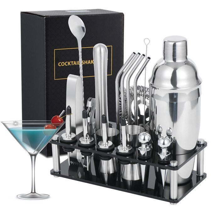 Juego de coctelería de acero inoxidable de 20 piezas con capacidad para 750 ml y soporte acrílico.
