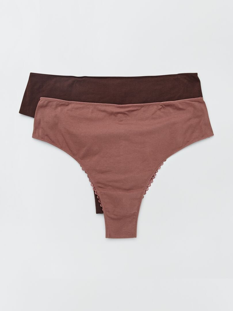 Conjunto de 2 tangas de punto y encaje - MARRÓN
