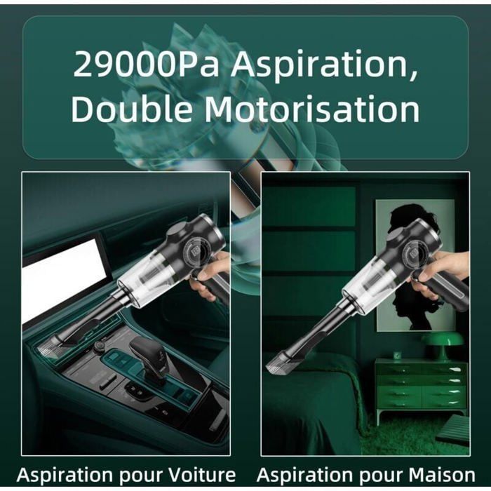 Aspiradora para coche XVX - 29000 Pa, 120 W, recargable, con pantalla LCD - para la limpieza del interior del coche y uso doméstico.