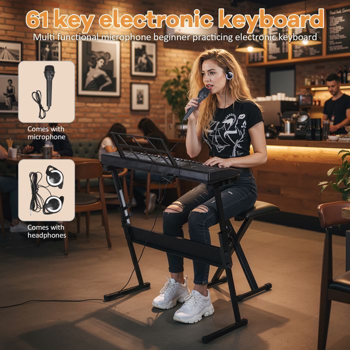 Piano digital portátil de 61 teclas, kit completo con soporte, asiento, auriculares y micrófono, multifuncional para niños y adultos.