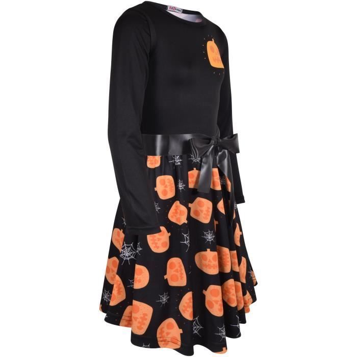 Enfants Filles Patineur Robe Noir Panneaux Chat Citrouilles Imprimé Doux Confortable Fête d'Halloween Mode Robes Âge 5-13 Ans
