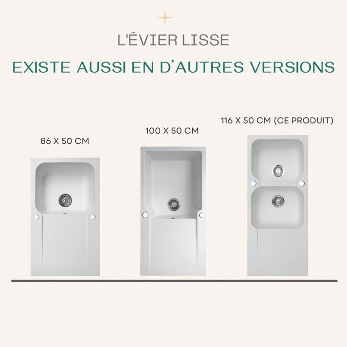 Lavello liscio, reversibile, 2 vasche, 1 gocciolatoio, resina bianca, Essebagno