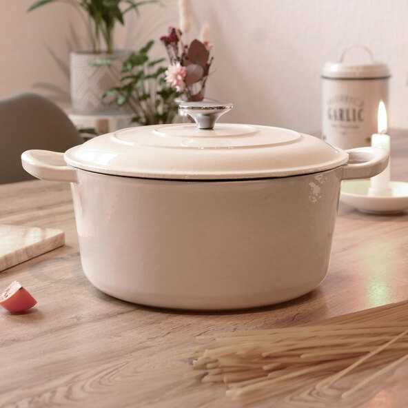 Cast iron cooking and braising pot with lid, cream