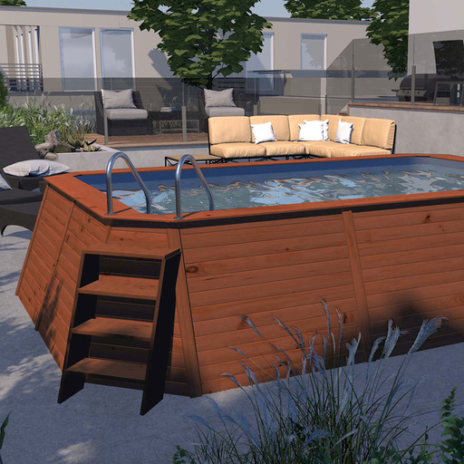 K2o Holz-Schwimmbecken mit Paneelen, 490 x 293 x 110 cm, mit 2006 l/h Kartuschenfilterpumpe und Leiter